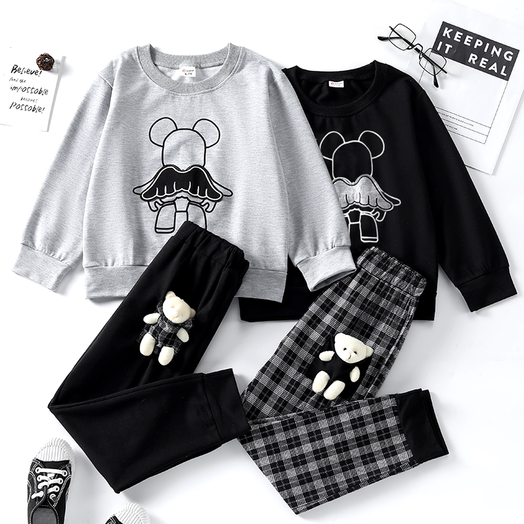 

2-piece Kid Boy Bear Print Pullover Sweatshirt and Plaid/Black Pants Set (Bear Doll is included)