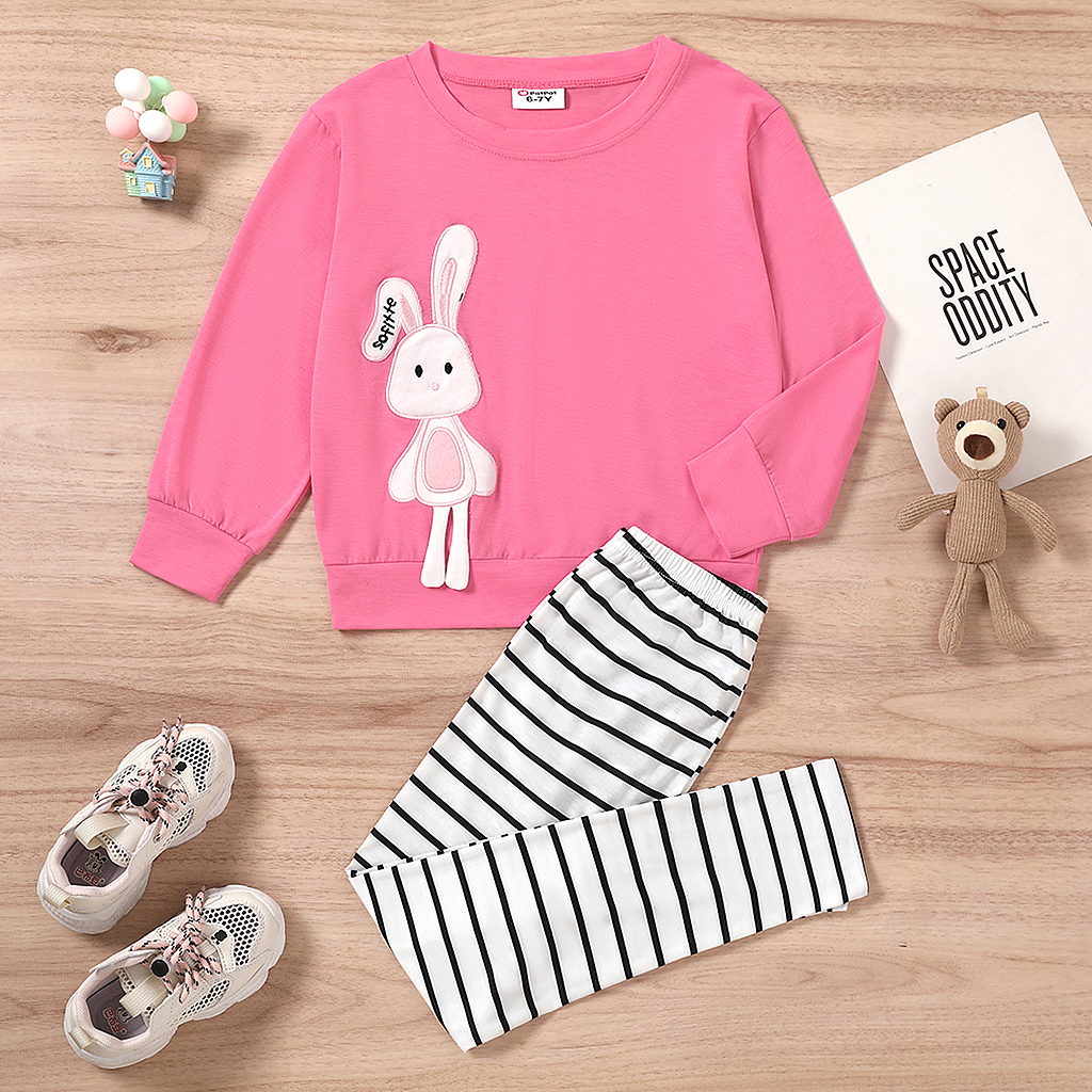 

Easter 2-piece Kid Girl Cute Rabbit Print Pink Sweatshirt and Stripe Leggings Set