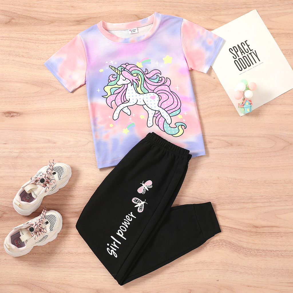 

2-piece Kid Unicorn Print Tie Dye Tee and Letter Butterfly Print Elasticized Black Pants Set