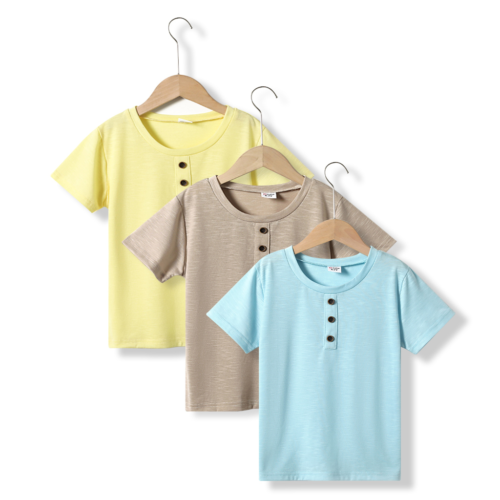

Kid Boy Solid Color Button Design Casual Tee