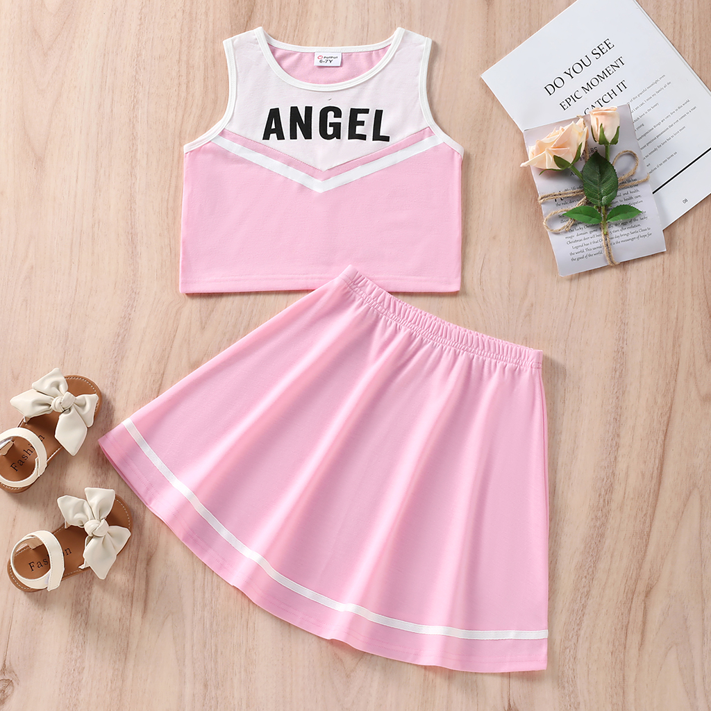 

2-piece Kid Girl Letter Print Tank Top and Pink Skirt Sporty Set