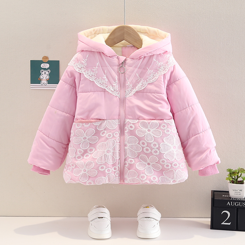 

Baby Girl Thickened Fleece Lined Long-sleeve Hooded Zip Lace Jacket Coat