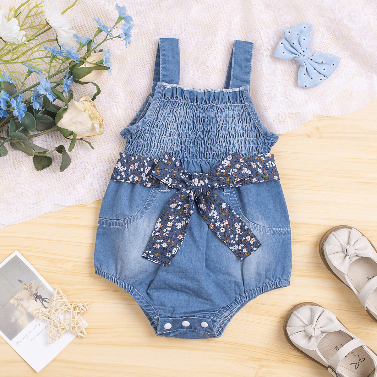 

100% Cotton Baby Girl Floral Print Belted Sleeveless Denim Romper
