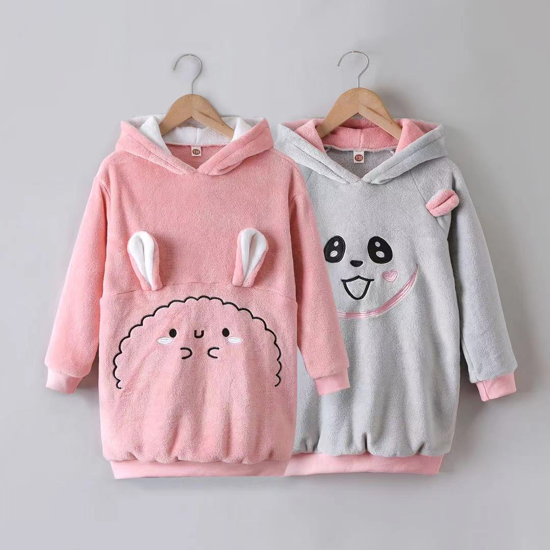 

Kid Girl Animal Embroidered Ear Design Fuzzy Hooded Sweatshirt Dress