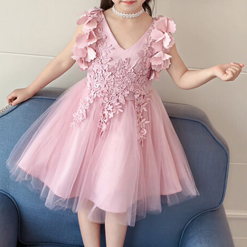 

Kid Girl 3D Floral Design V Neck Pink Mesh Princess Dress
