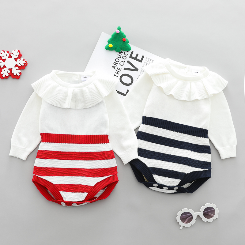 

Baby Romper Stripe Print Ruffle Collar Long-sleeve Baby Knitted Romper