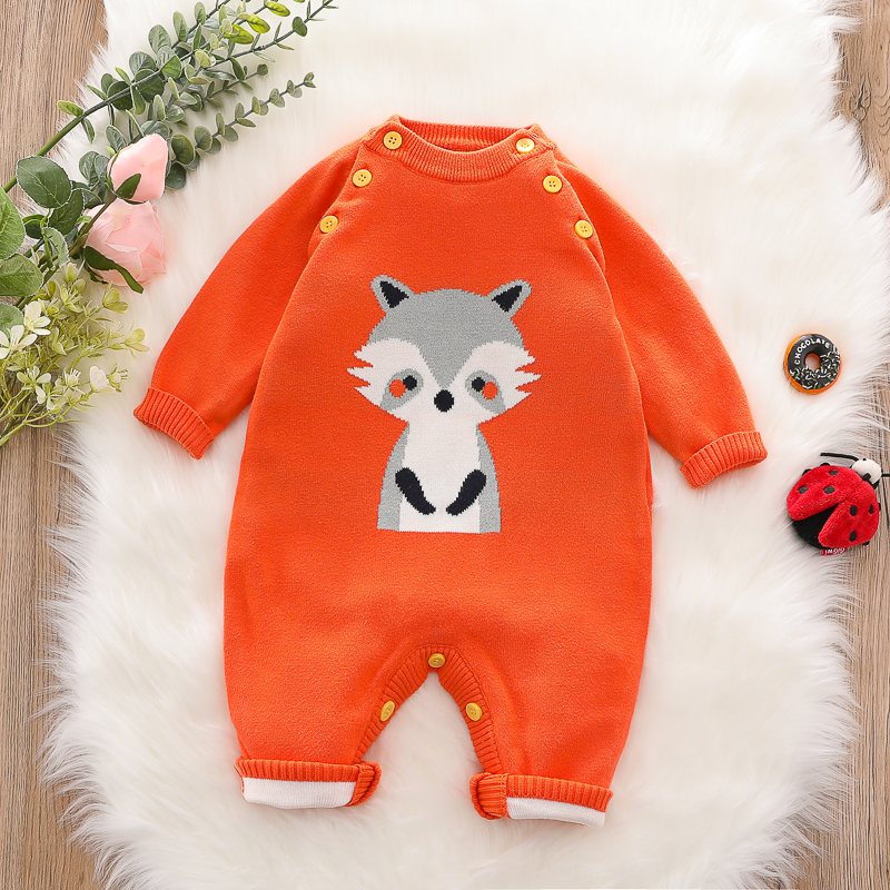 

Cartoon Fox Pattern Yellow Long-sleeve Knitted Baby Jumpsuit