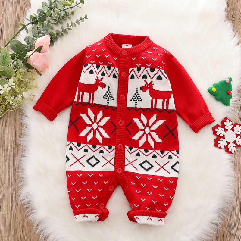 

Christmas All Over Pattern Red Baby Long-sleeve Button Down Knitted Jumpsuit