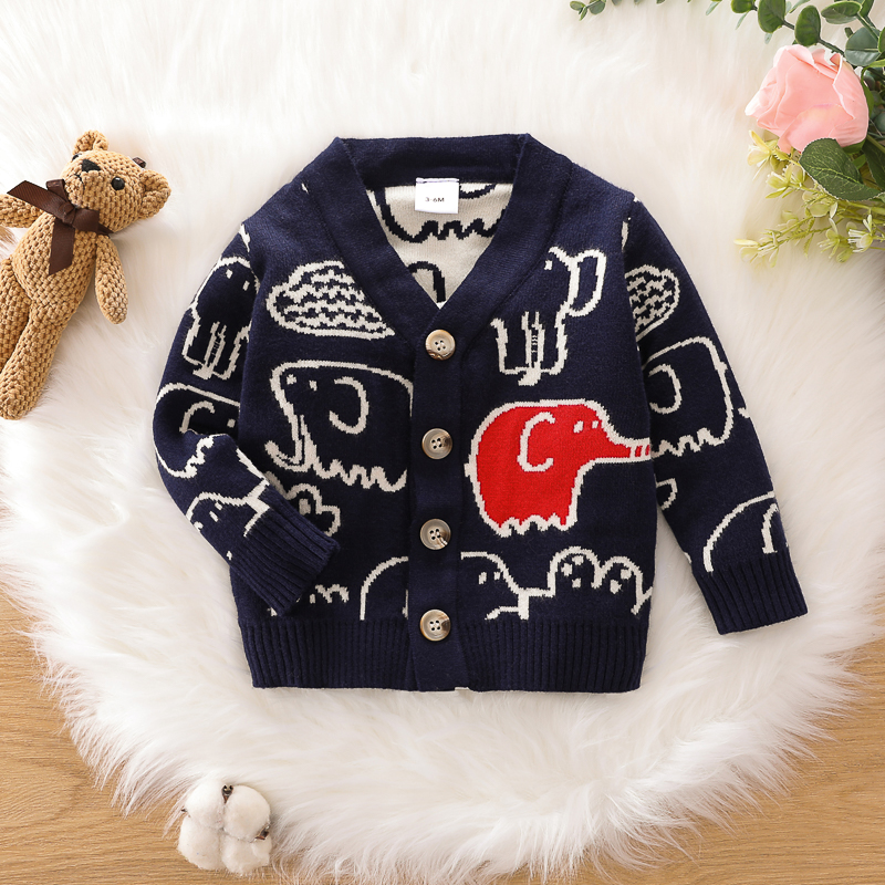

Baby Cartoon Elephant Pattern Button Down Long-sleeve Knitted Cardigan