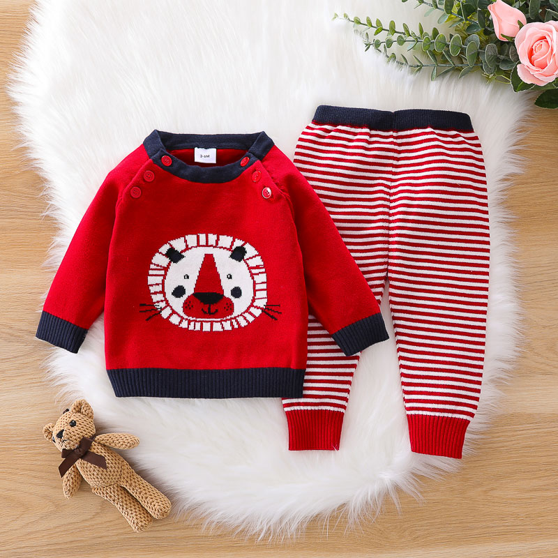 

2pcs Baby Cartoon Animal Print Red Long-sleeve Knitted Sweater and Striped Trousers Set