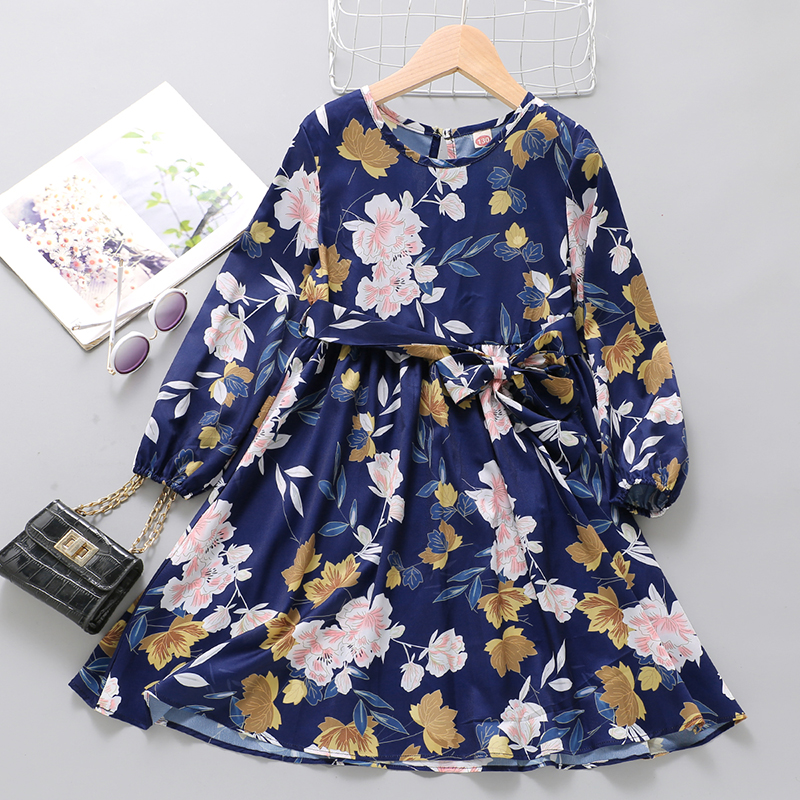 

Kid Girl Floral Print Round-collar Long-sleeve Dress