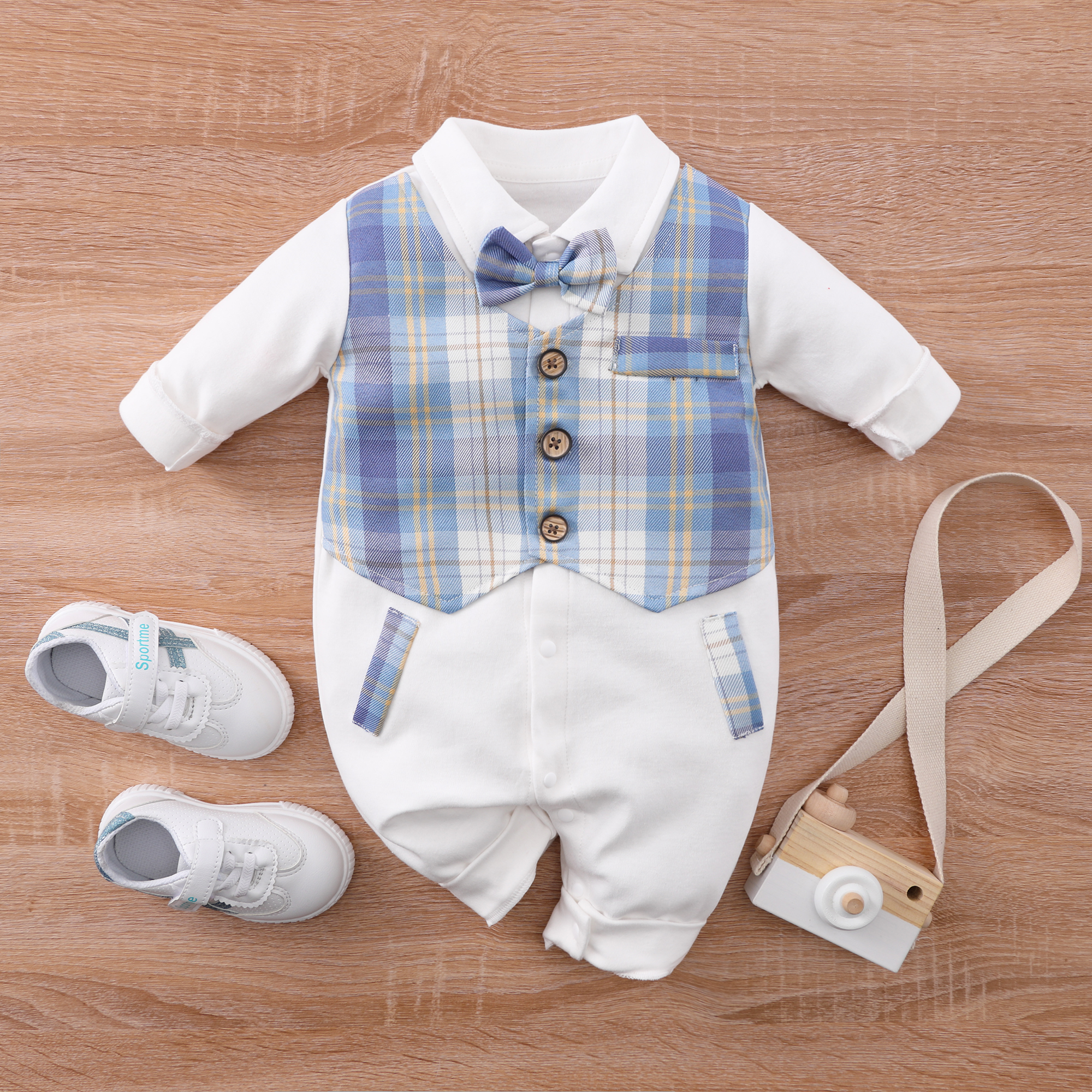 

100% Cotton Baby Boy Blue Plaid Faux-two Long-sleeve Gentleman Party Jumpsuit