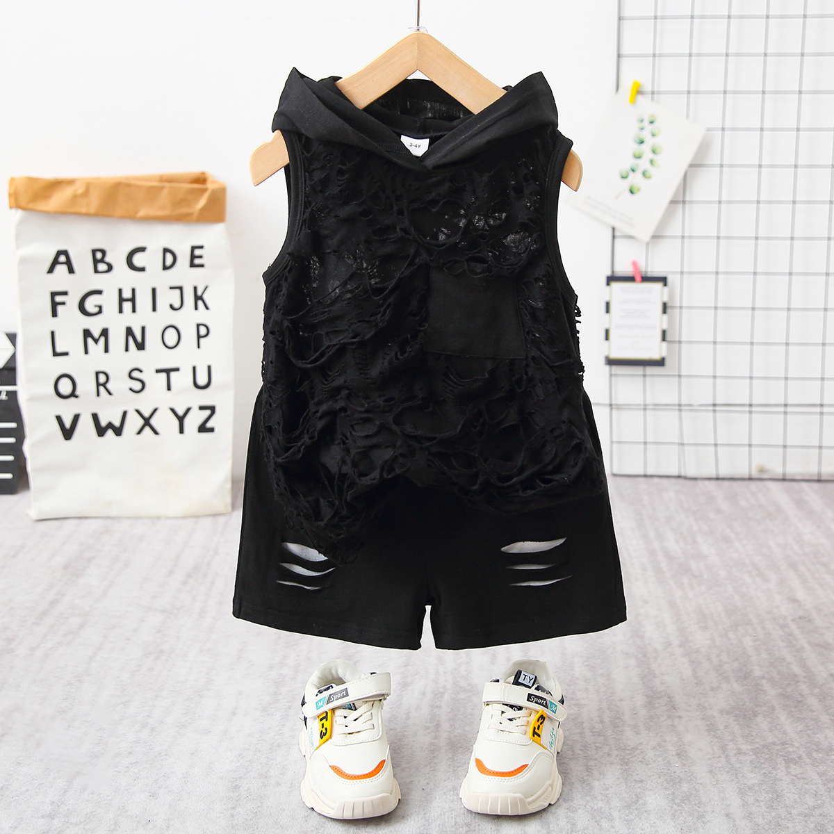 

2pcs Toddler Boy Trendy Ripped Hooded Sleeveless Black Tee and Shorts Set