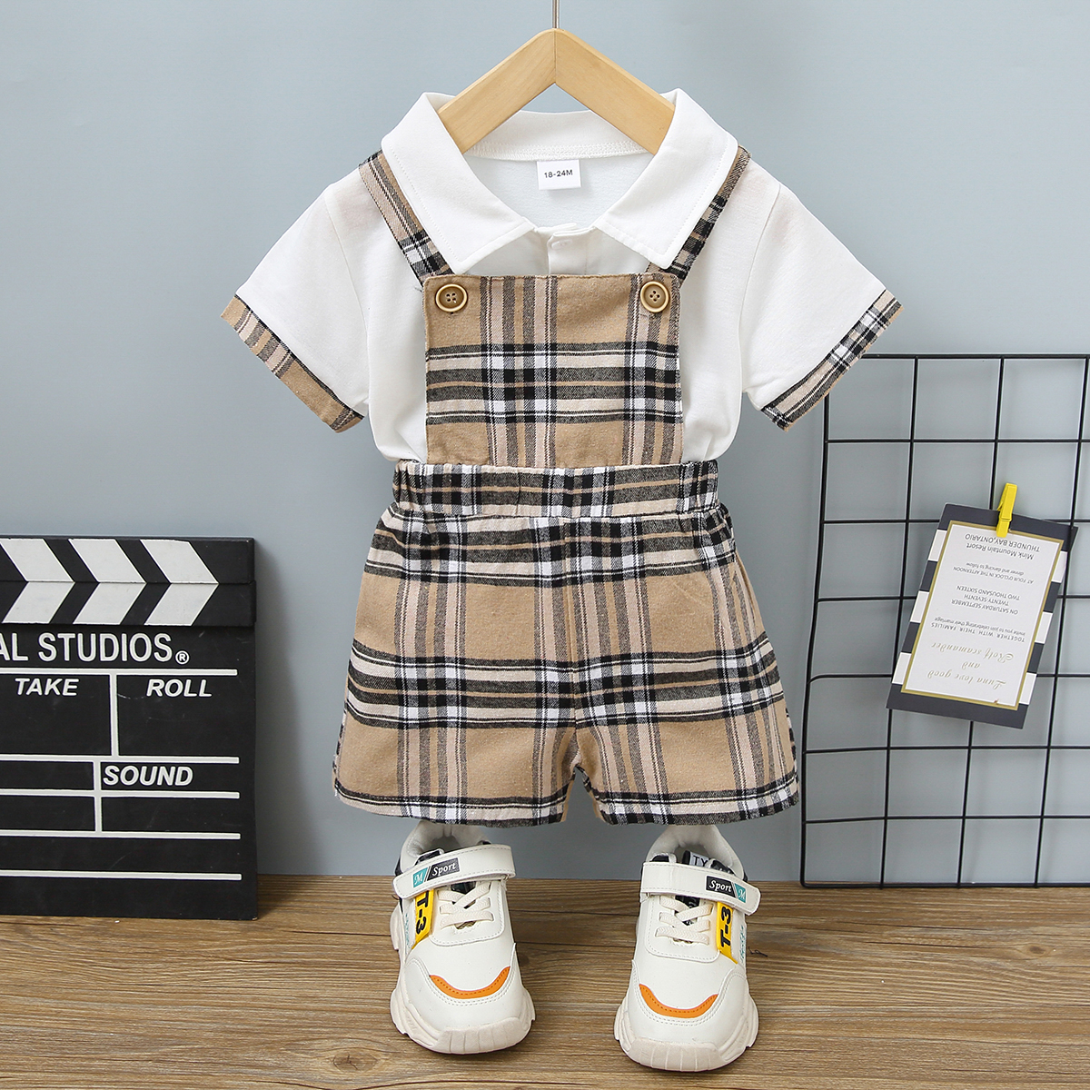 

2pcs Toddler Boy Classic Plaid Polo Shirt and Overalls Shorts Set
