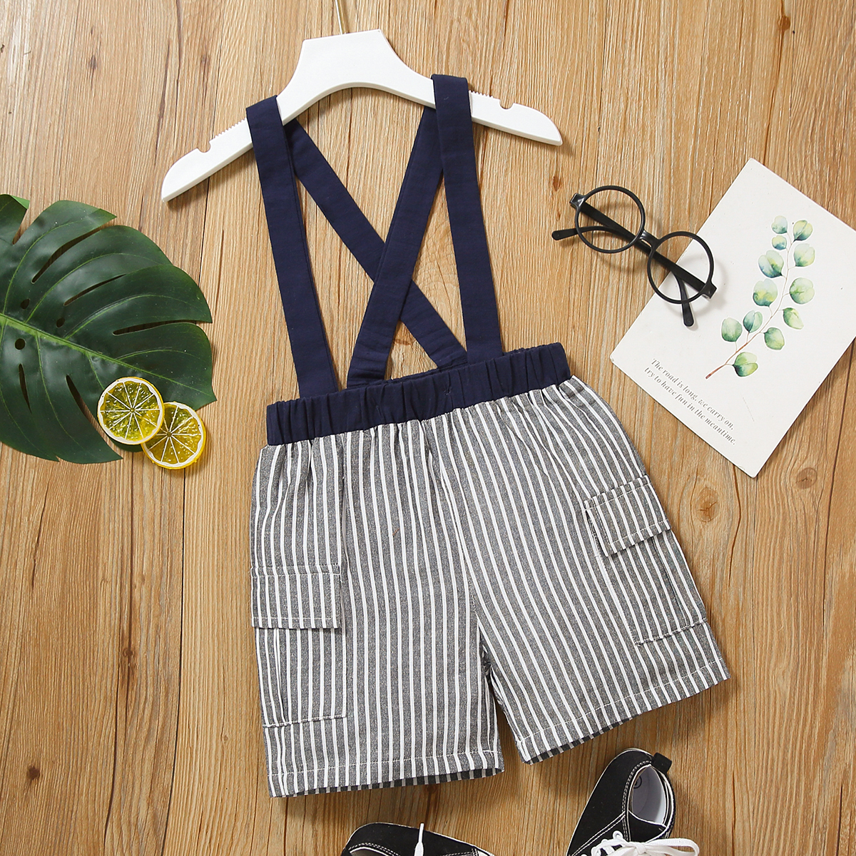 

Toddler Boy Casual Stripe Pocket Design Suspender Shorts