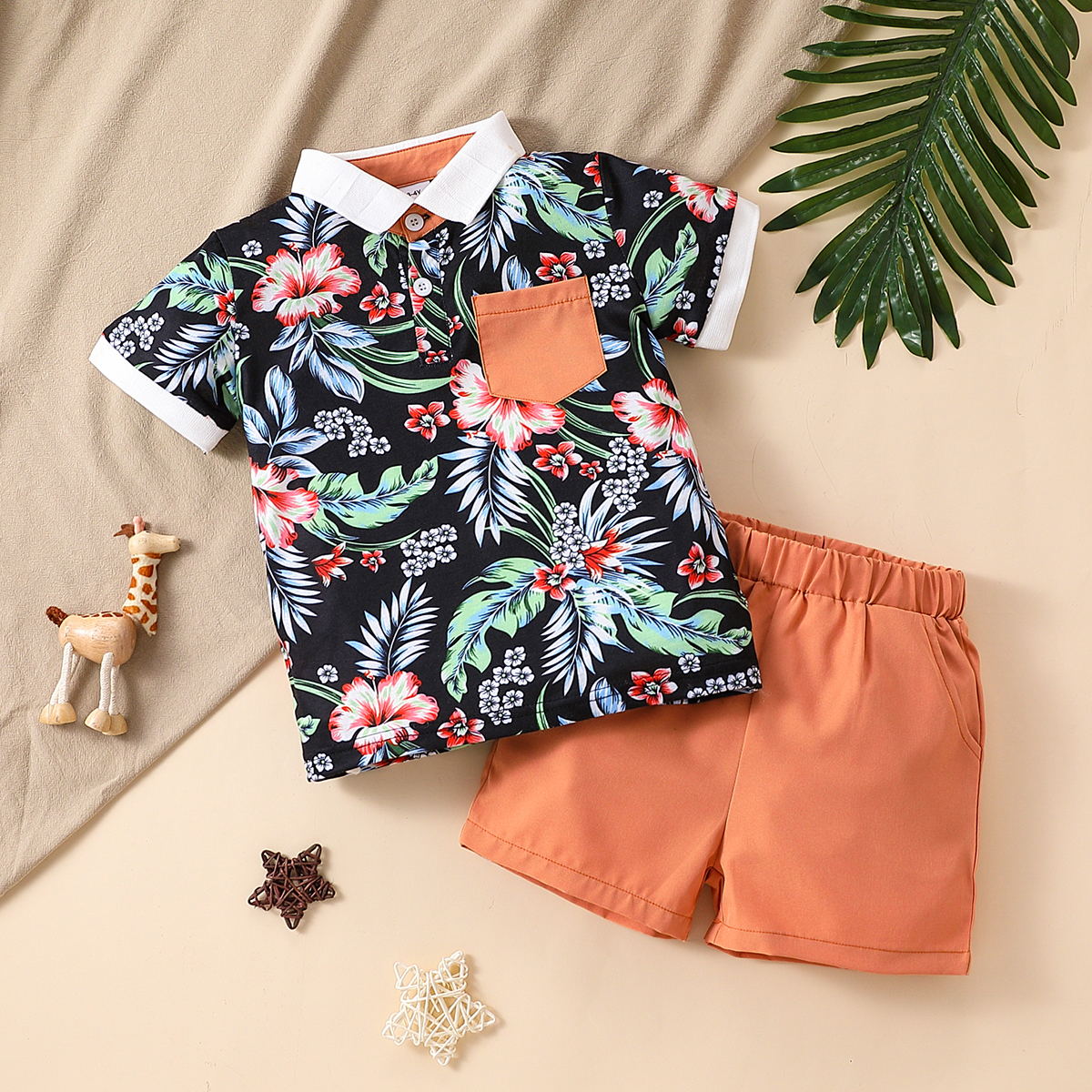 

2pcs Toddler Boy Boho Floral Print Lapel Collar Shirt and Shorts Set