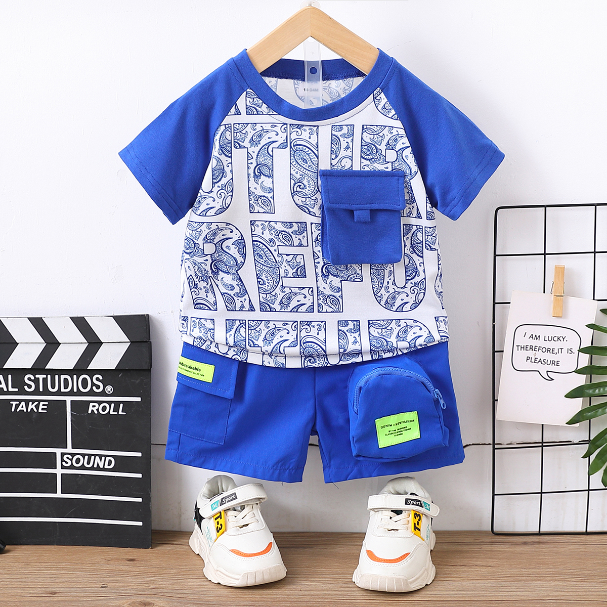 

2pcs Toddler Boy Trendy Letter Print Pocket Design Tee and Shorts Set