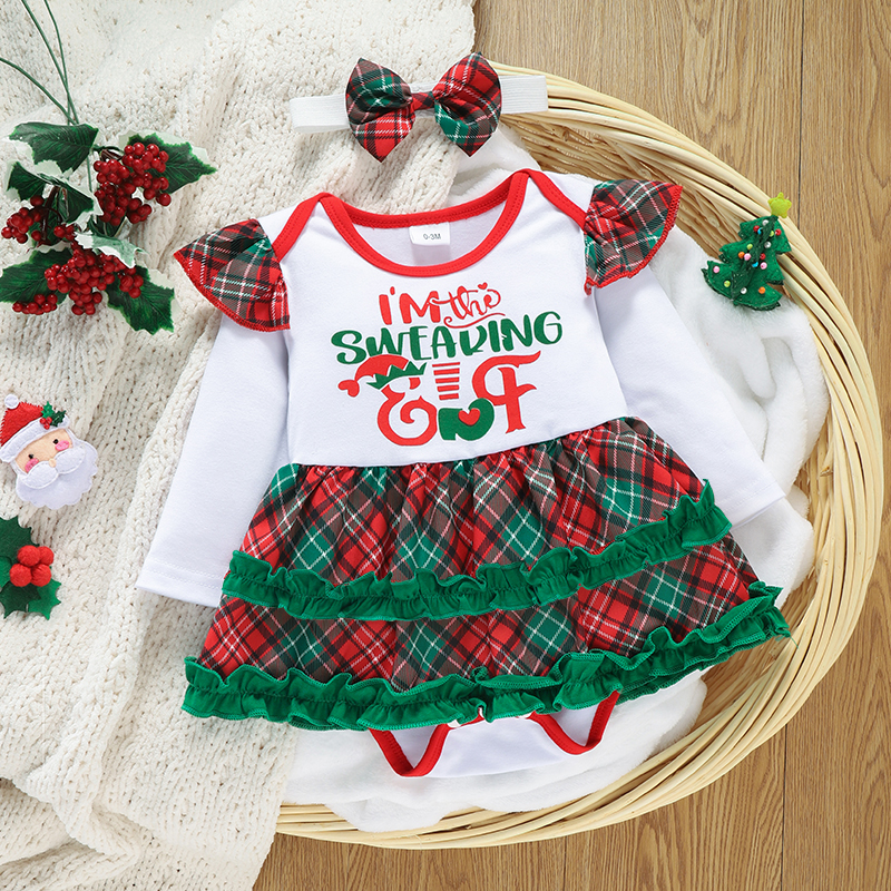 

2pcs Baby Christmas Letter Print Plaid Ruffle Long-sleeve Cotton Dress Set