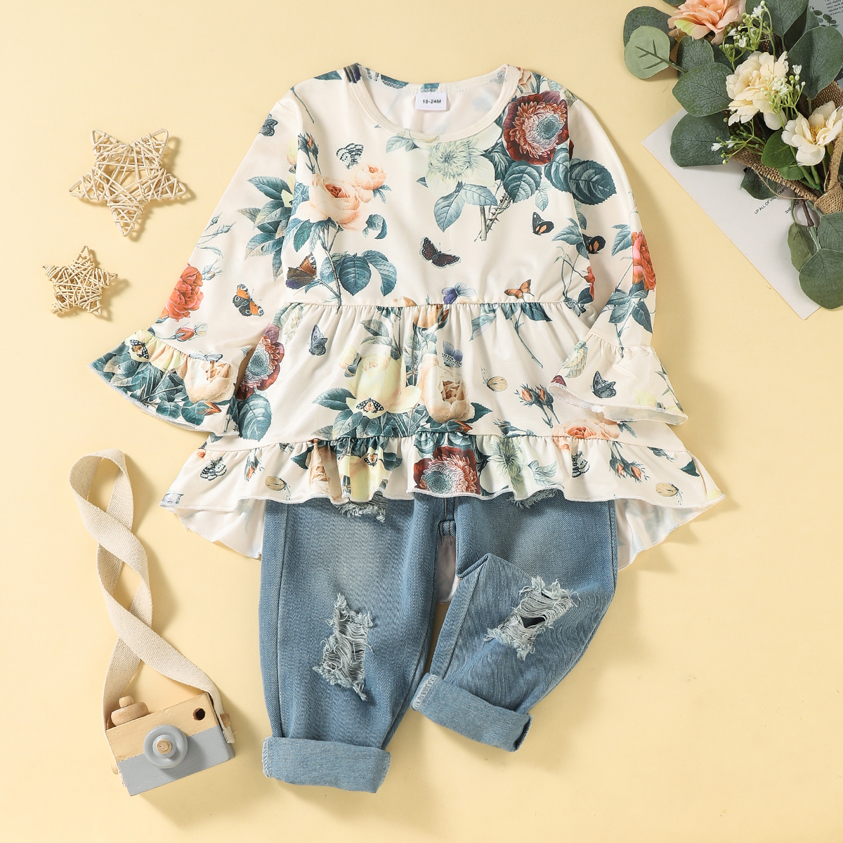 

2-piece Toddler Girl Floral Print Ruffled High Low Long-sleeve Top and Ripped Denim Jeans Set