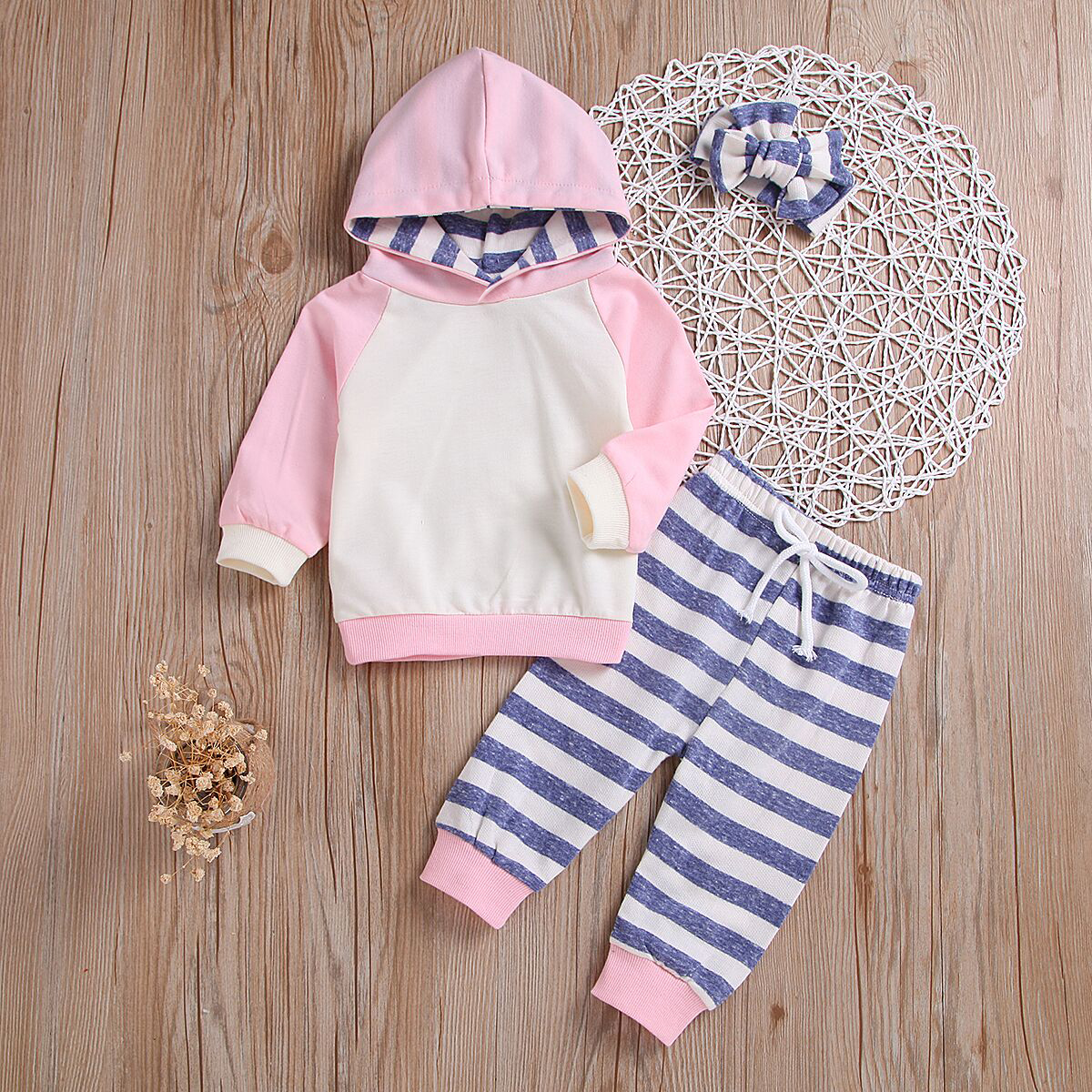 

Baby Girl 3-piece Hoodie and Striped Pants Set