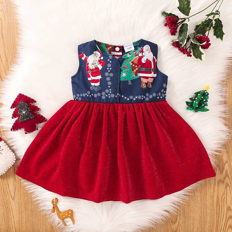 

Christmas Santa Print Baby Sleeveless Tank Splicing Glitter Dress