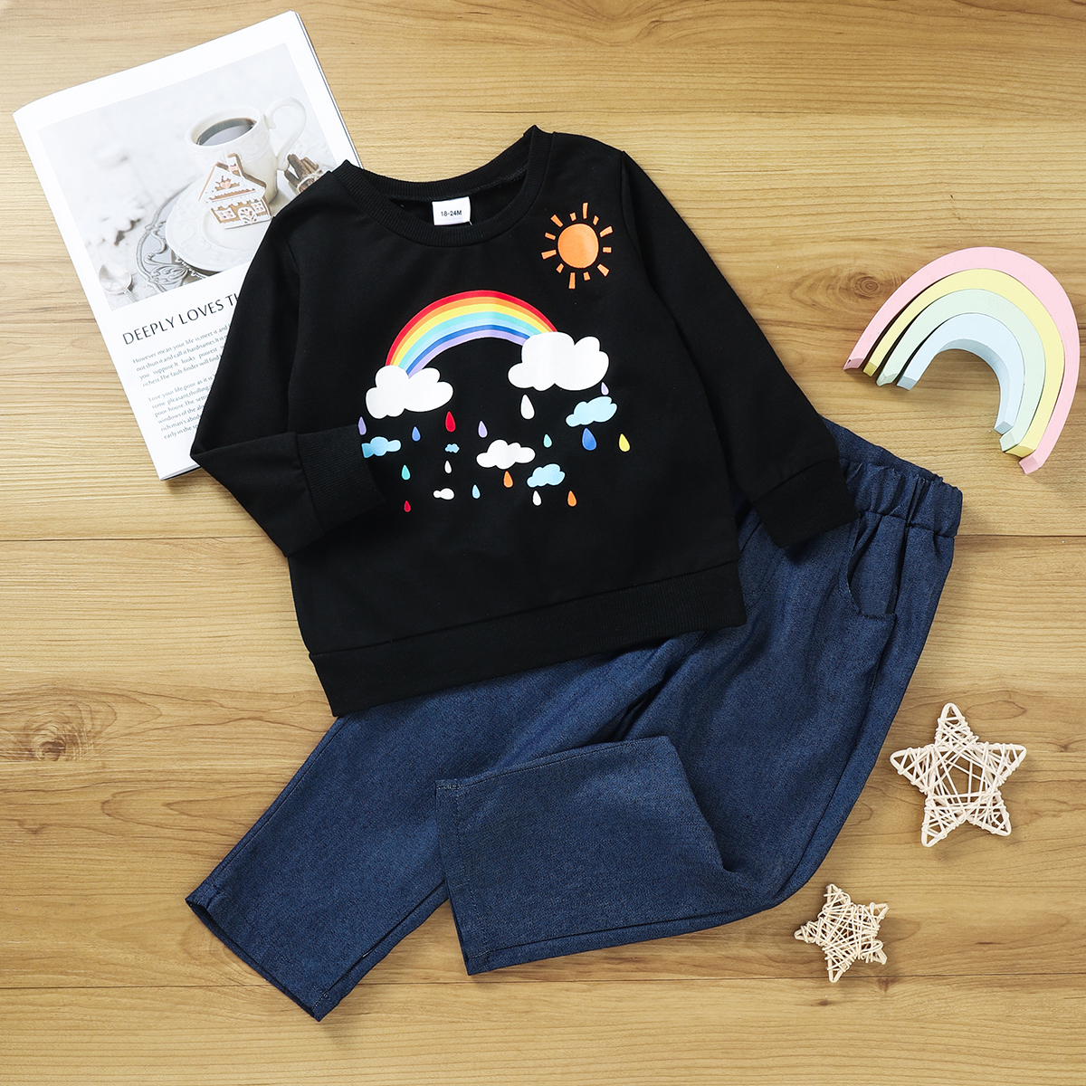 

2-piece Toddler Boy Rainbow Sun Cloud Print Black Pullover and Denim Jeans Set