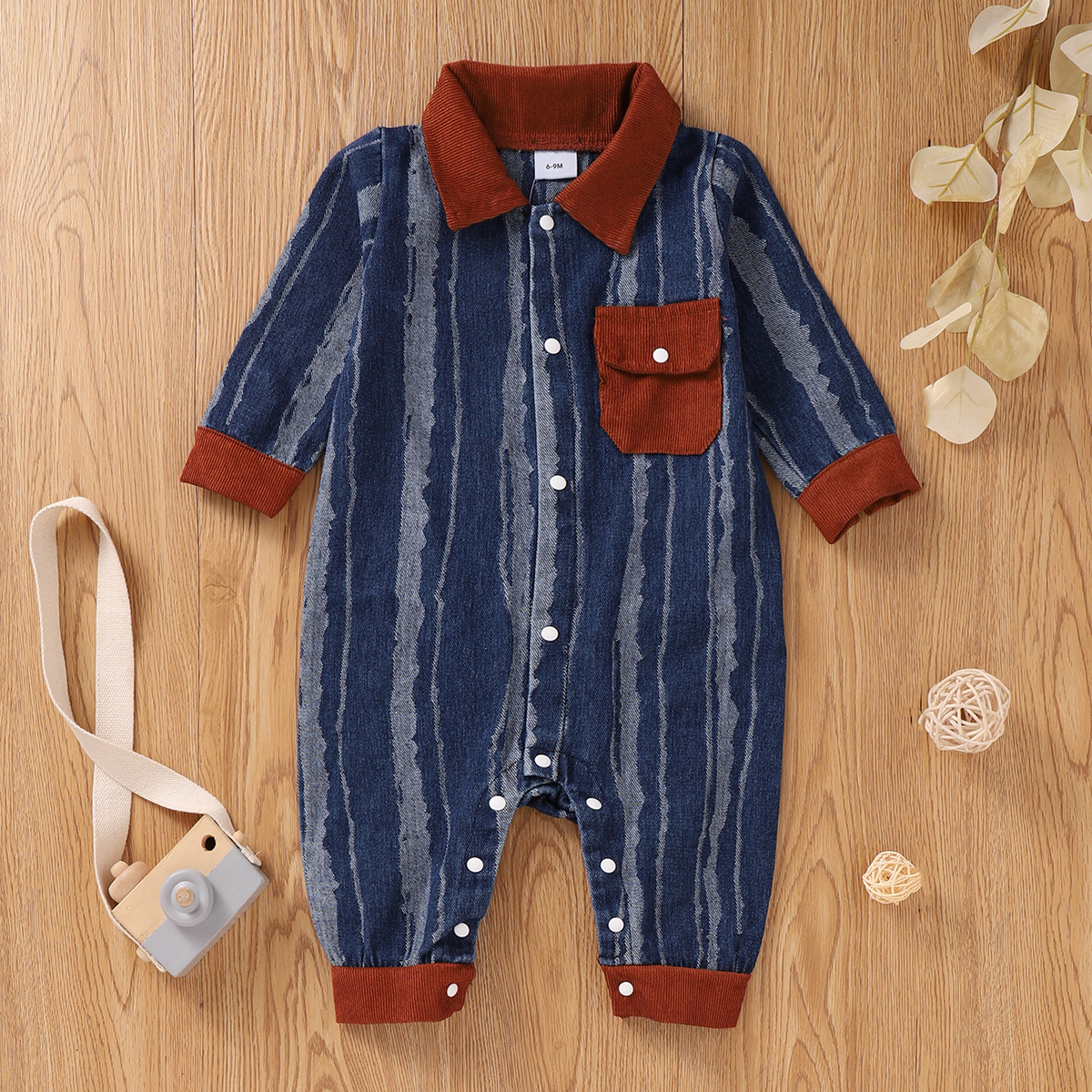 

100% Cotton Navy Striped Lapel Collar Long-sleeve Baby Jumpsuit