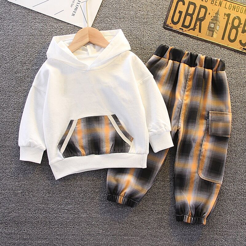 

2-piece Toddler Boy Pocket Hoodie Sweatshirt and Plaid Pants Set