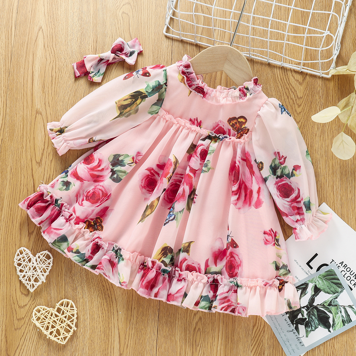 

2pcs Pink Floral Print Ruffle Long-sleeve Baby Flowy Dress Set