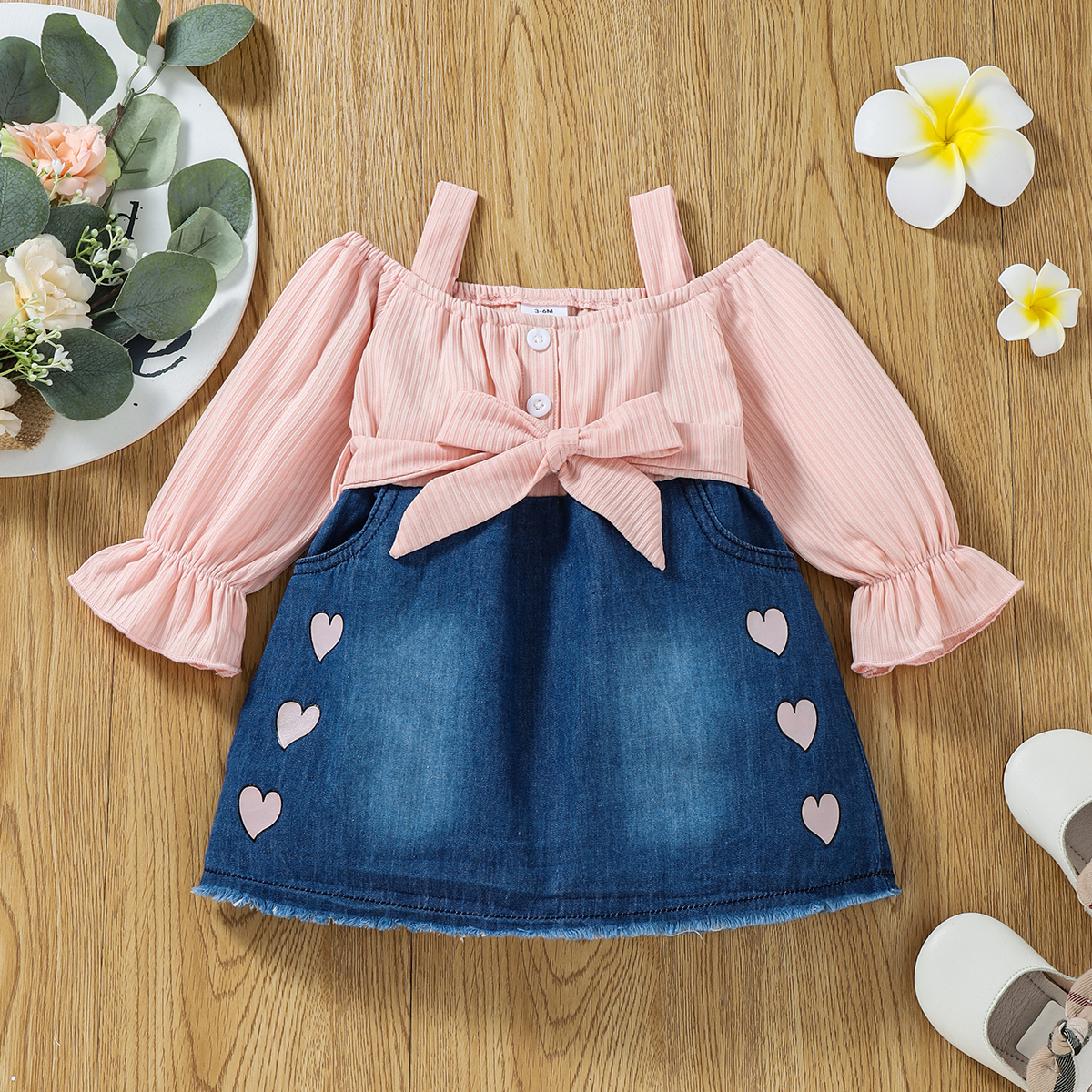 

Baby Pink Cotton Off Shoulder Long-sleeve Belted Splicing Denim Dress