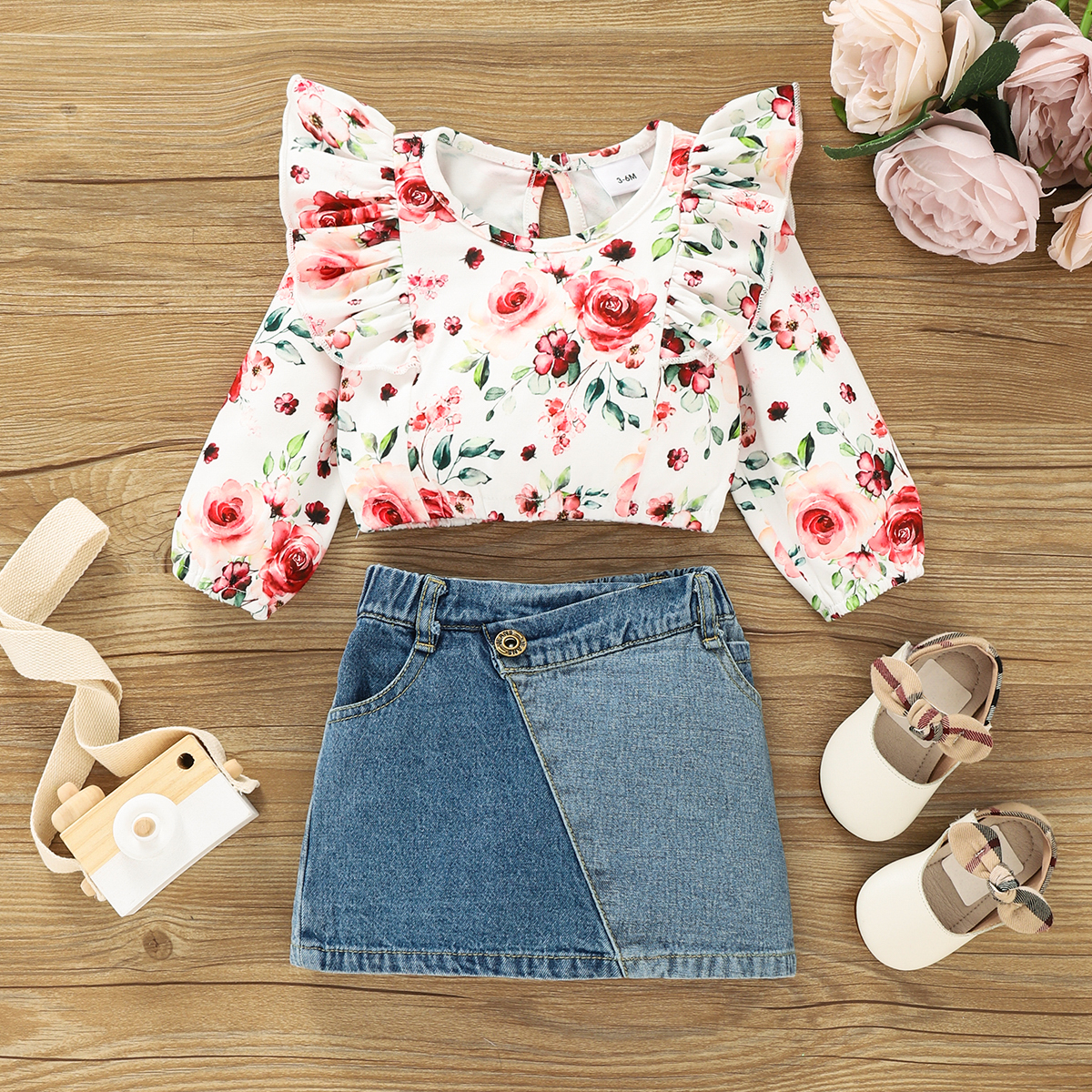 

2pcs Baby All Over Floral Print Ruffle Long-sleeve Top and Denim Mini Skirt Set