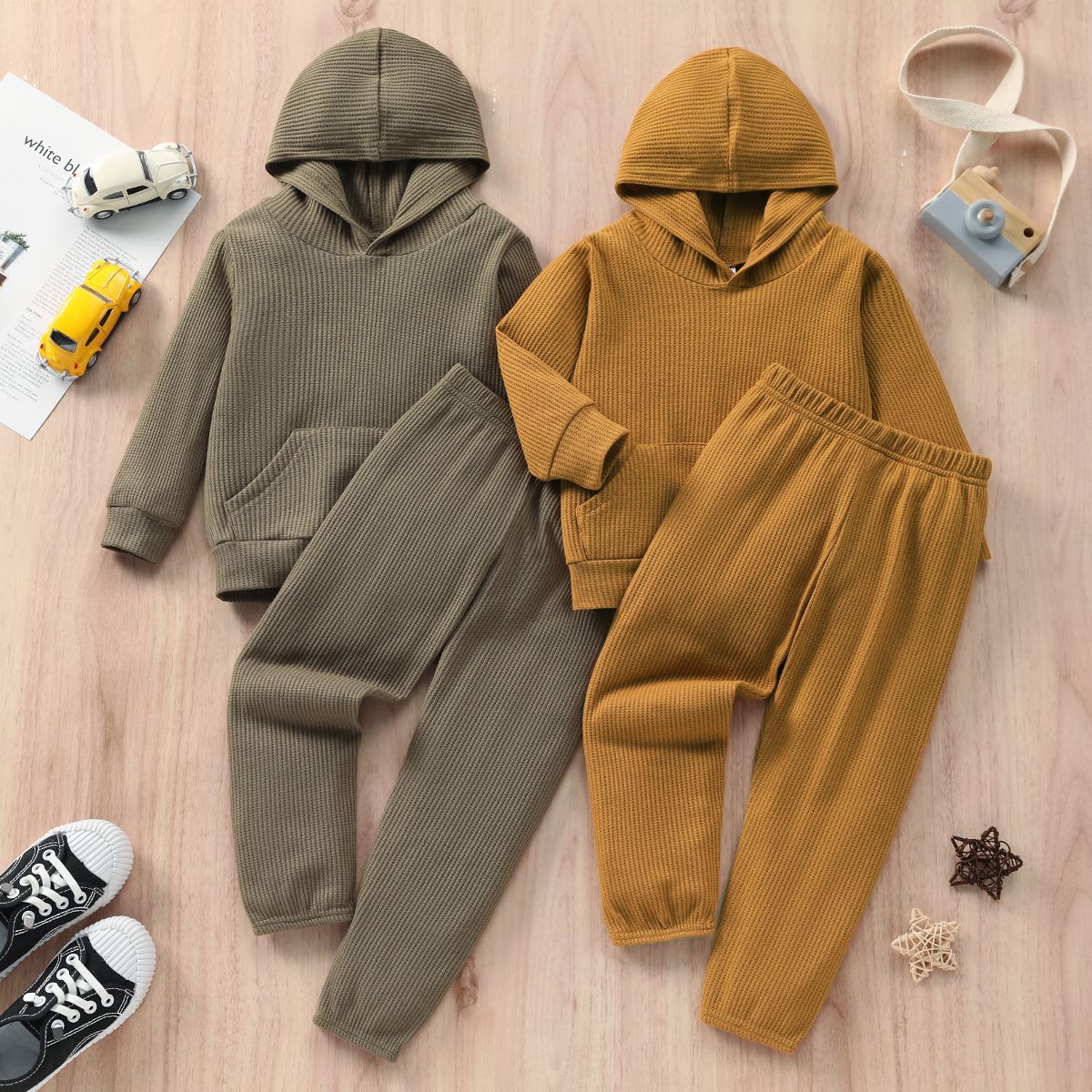 

2-piece Toddler Boy/Girl Waffle Solid Hoodie Sweatshirt and Pants Set