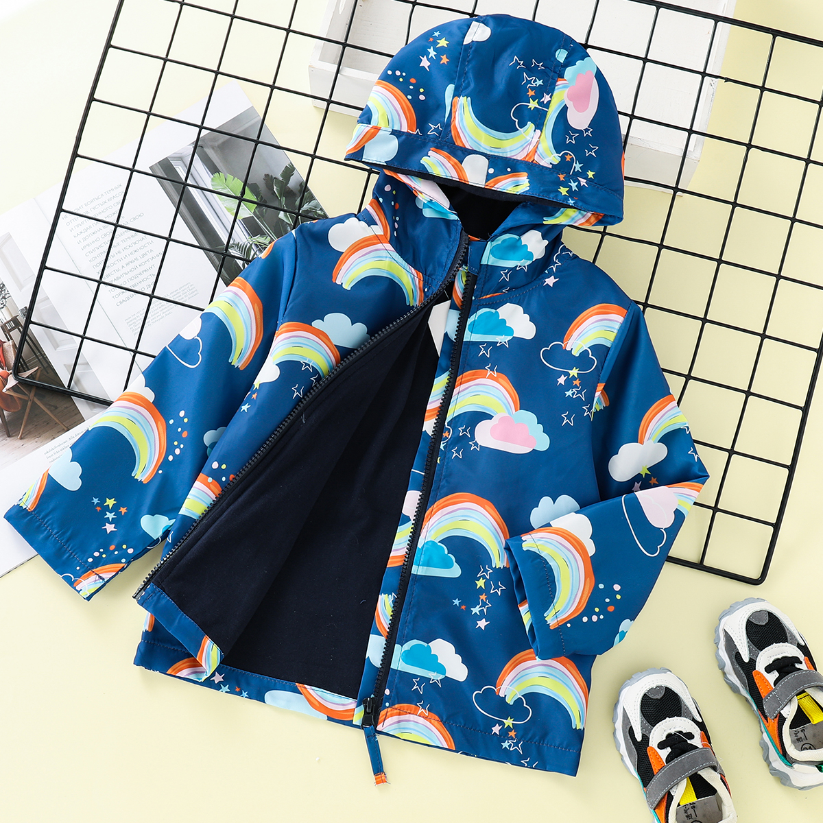 

Toddler Boy Rainbow Cloud Print Zipper Hooded Thermal Coat