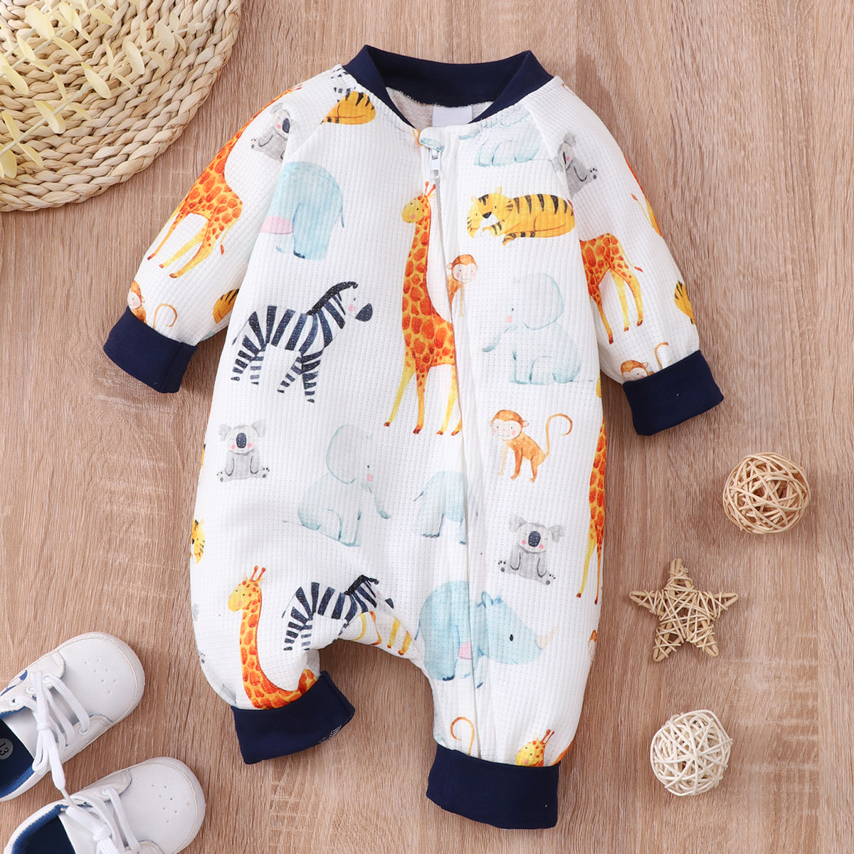 

Baby Boy All Over Cartoon Animal Print Long-sleeve Zip Waffle Jumpsuit