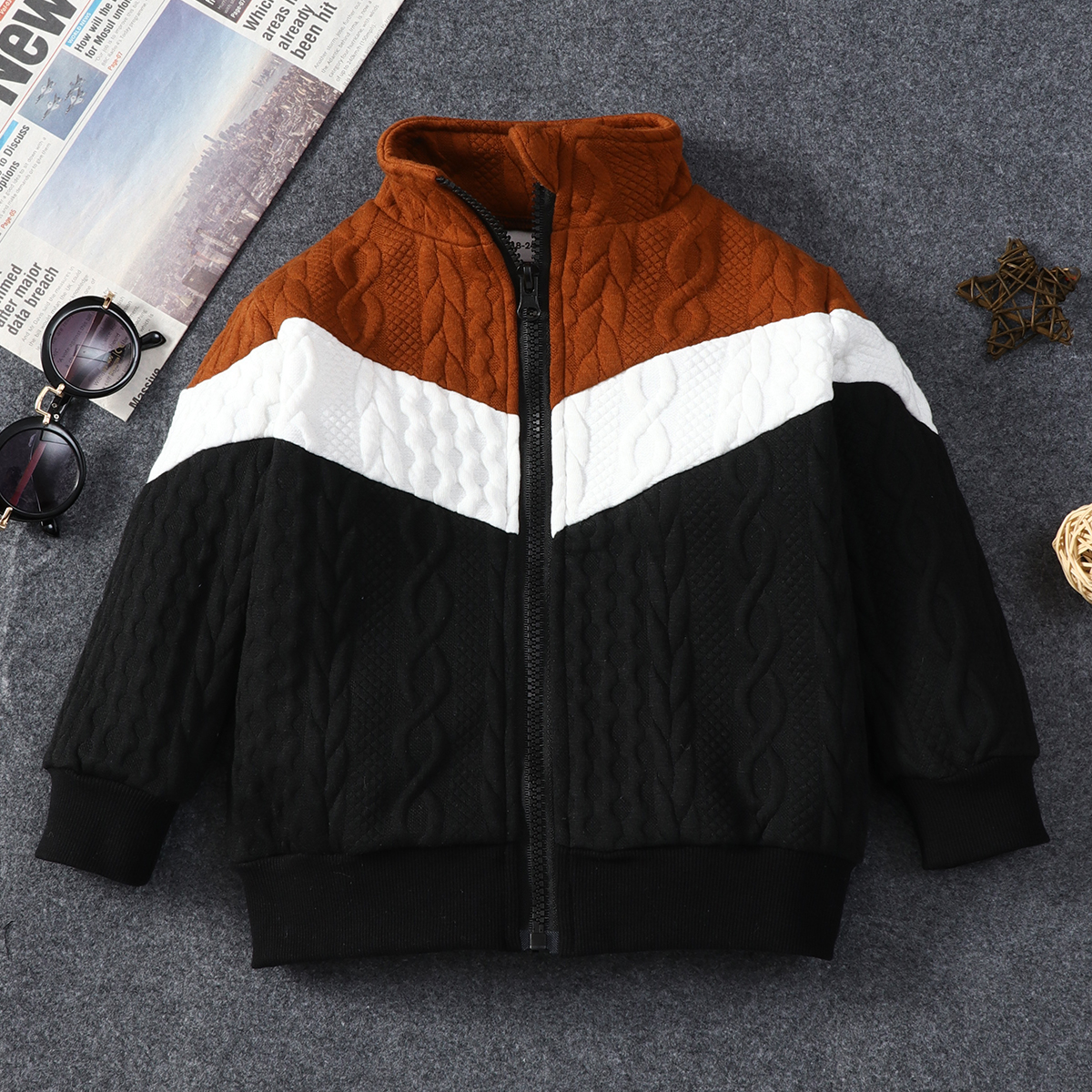 

Toddler Boy Colorblock Cable Knit Textured Zipper Stand Collar Jacket