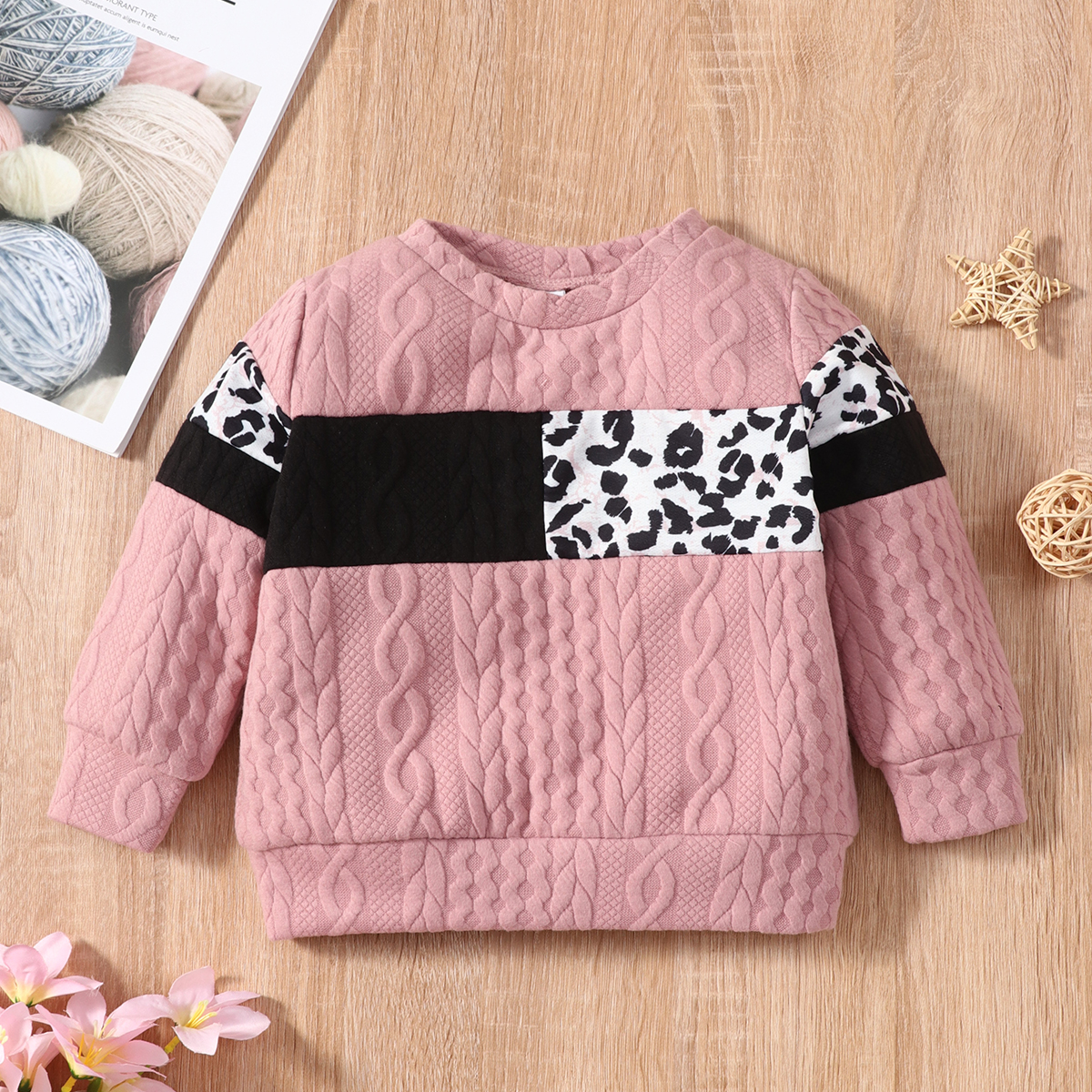 

Toddler Girl Leopard Print Colorblock Cable Knit Textured Sweatshirt