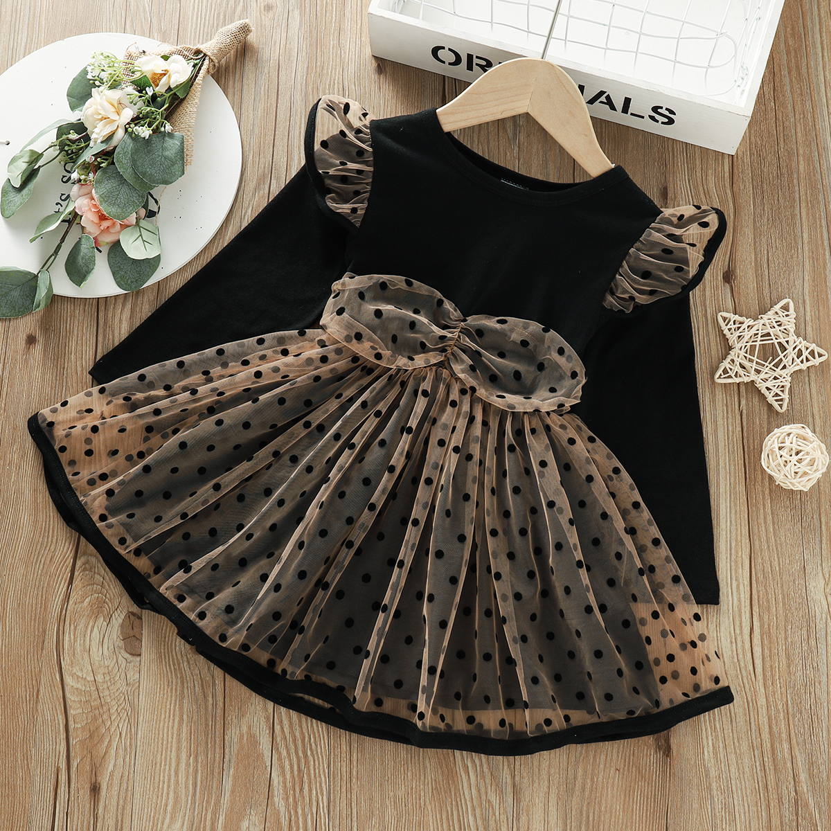 

Baby Girl Black Long-sleeve Polka Dots Mesh Dress