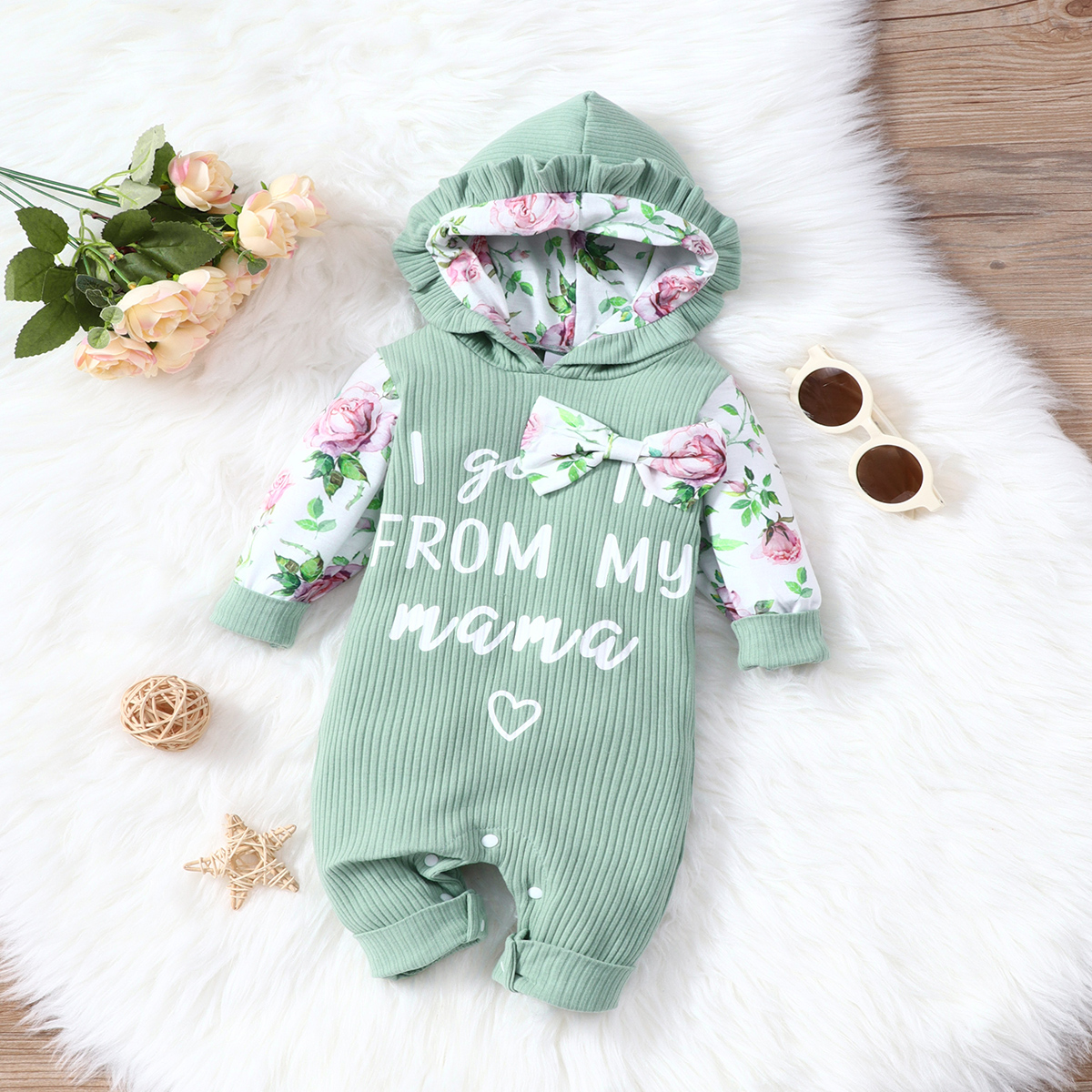 

100% Cotton Baby Girl Letter Print Light Green Ribbed Splicing Floral Print Long-sleeve Hooded Jumpsuit