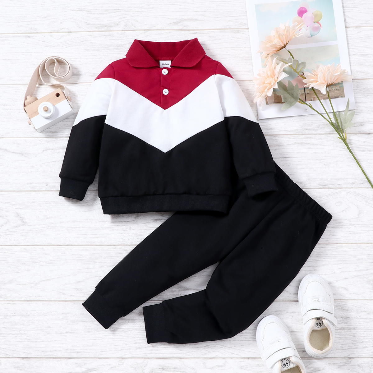 

2-piece Toddler Boy Colorblock Long-sleeve Polo Shirt and Dark Blue Pants Set