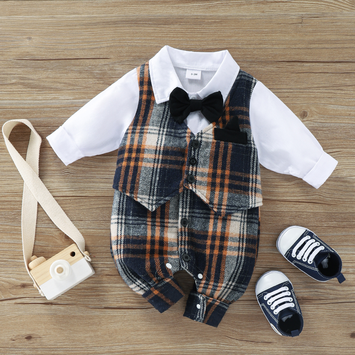 

100% Cotton Baby Boy Faux-two Long-sleeve Plaid Gentleman Jumpsuit