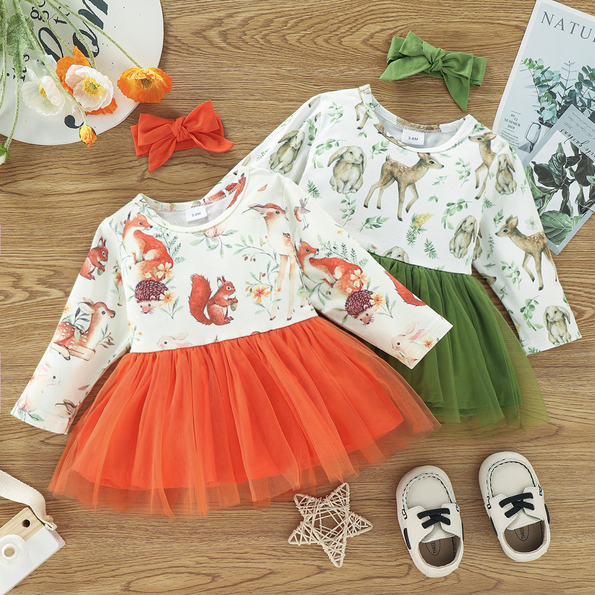 

2pcs Baby All Over Animal Print Long-sleeve Splicing Mesh Dress Set