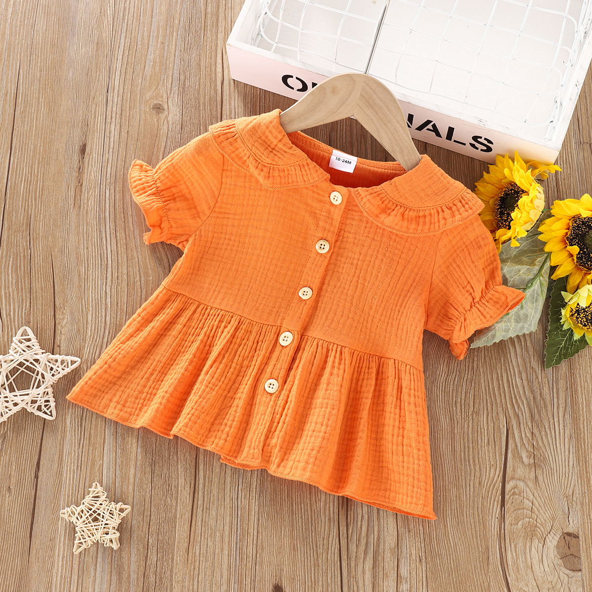 

Toddler Girl 100% Cotton Doll Collar Button Design Short-sleeve Blouse