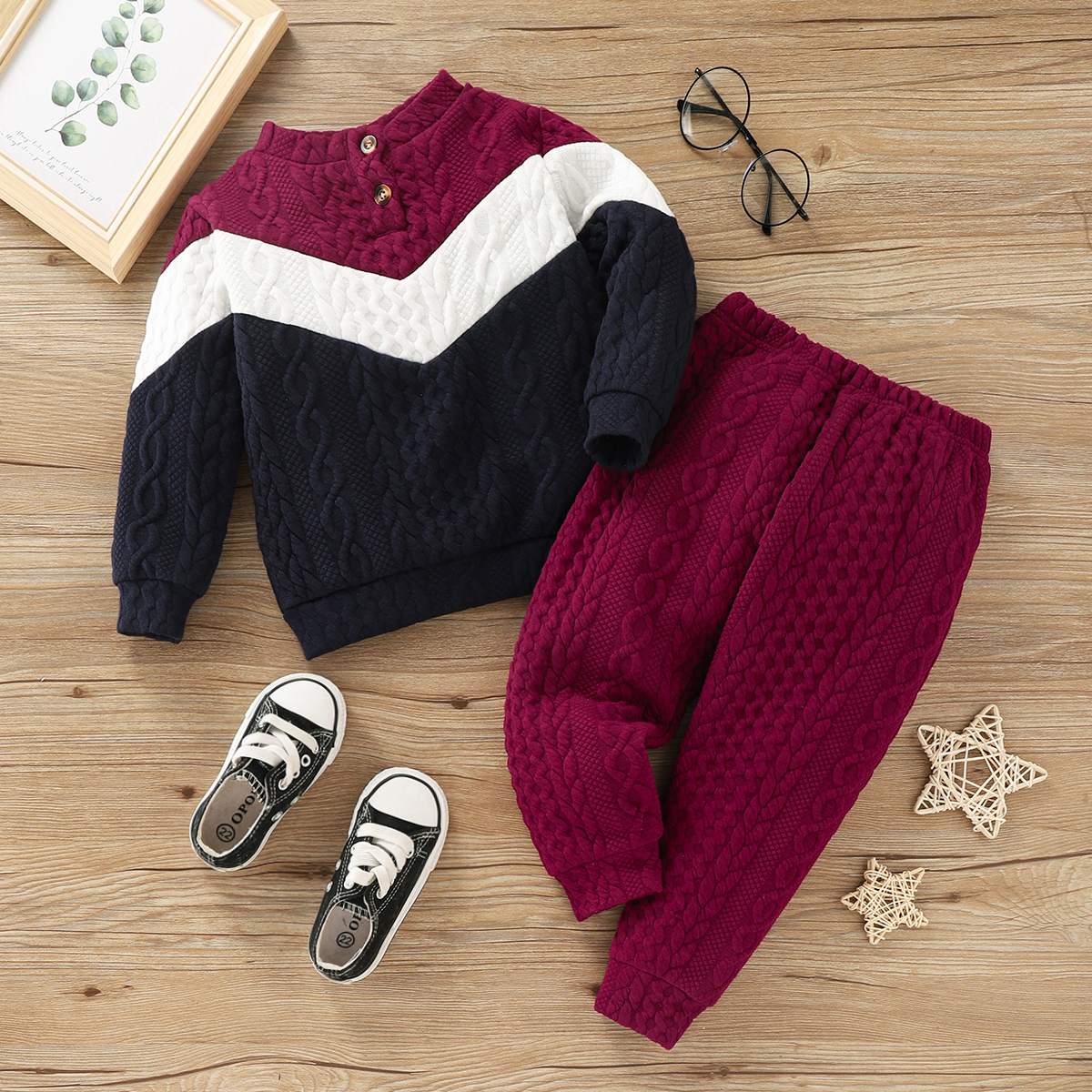 

2-piece Toddler Boy Colorblock Cable Knit Textured Sweatshirt and Solid Color Pants Set