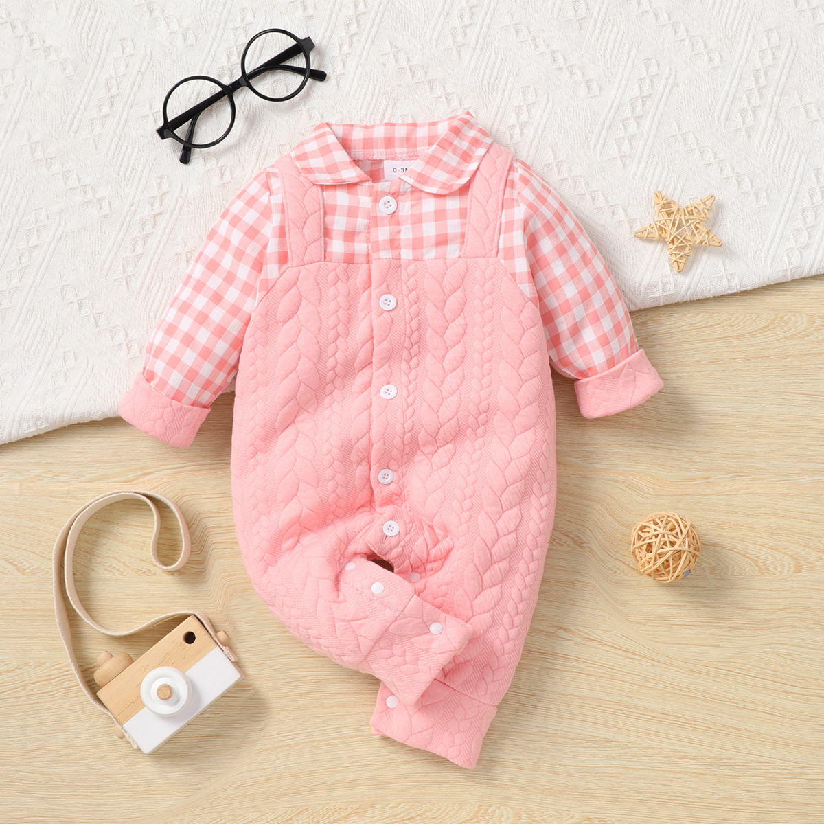 

Baby Boy/Girl Plaid Long-sleeve Faux-two Textured Jumpsuit