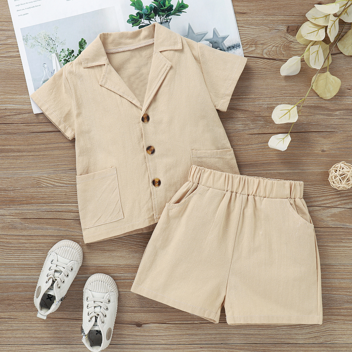 

2pcs Toddler Boy Casual 100% Cotton Notched Collar Shirt & Shorts Set