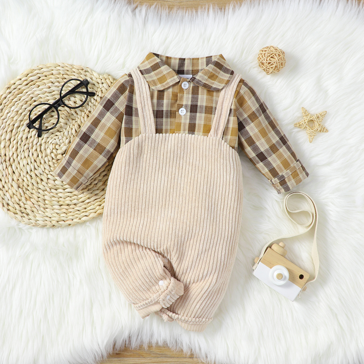 

Baby Girl Plaid Long-sleeve Faux-two Corduroy Jumpsuit