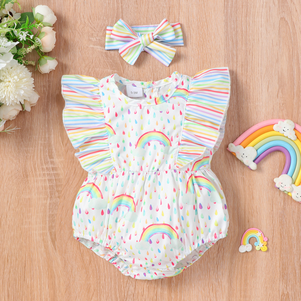 

2pcs Baby Girl Allover Rainbow Print Sleeveless Ruffle Romper with Headband Set