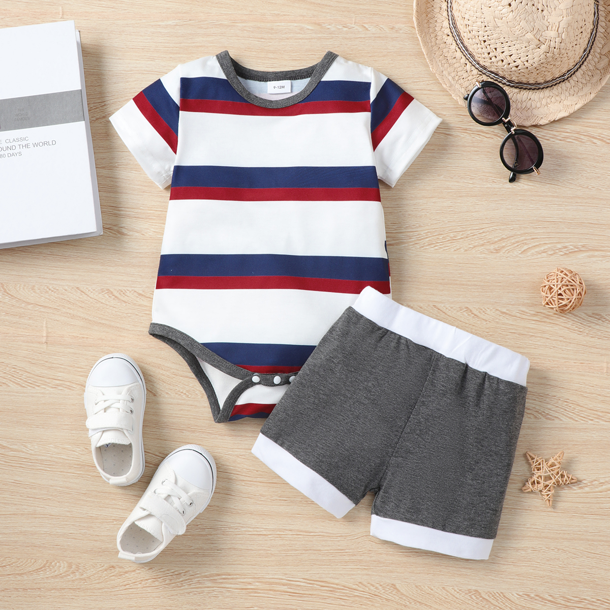 

2pcs Baby Boy/Girl Striped/Colorblock Short-sleeve Romper and Shorts Set