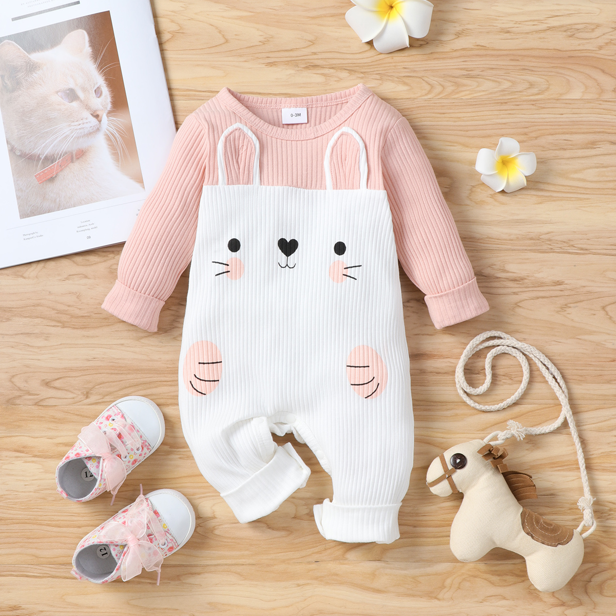 

100% Cotton Baby Girl Cartoon Rabbit Print Colorblock Ribbed Long-sleeve Jumpsuit