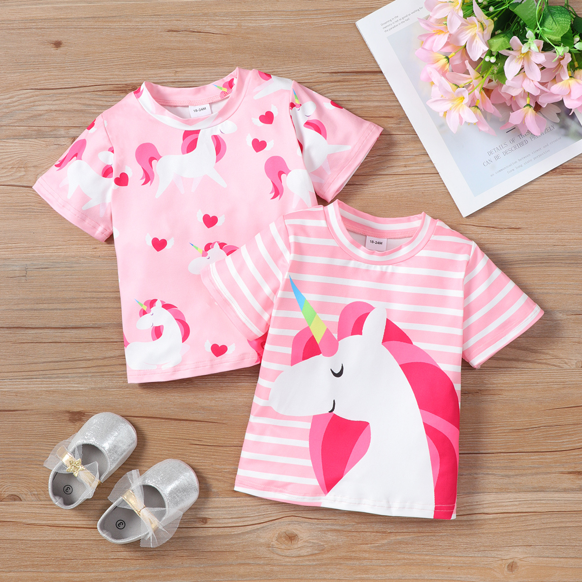 

Toddler Girl Unicorn Heart Print/Stripe Short-sleeve Pink Tee
